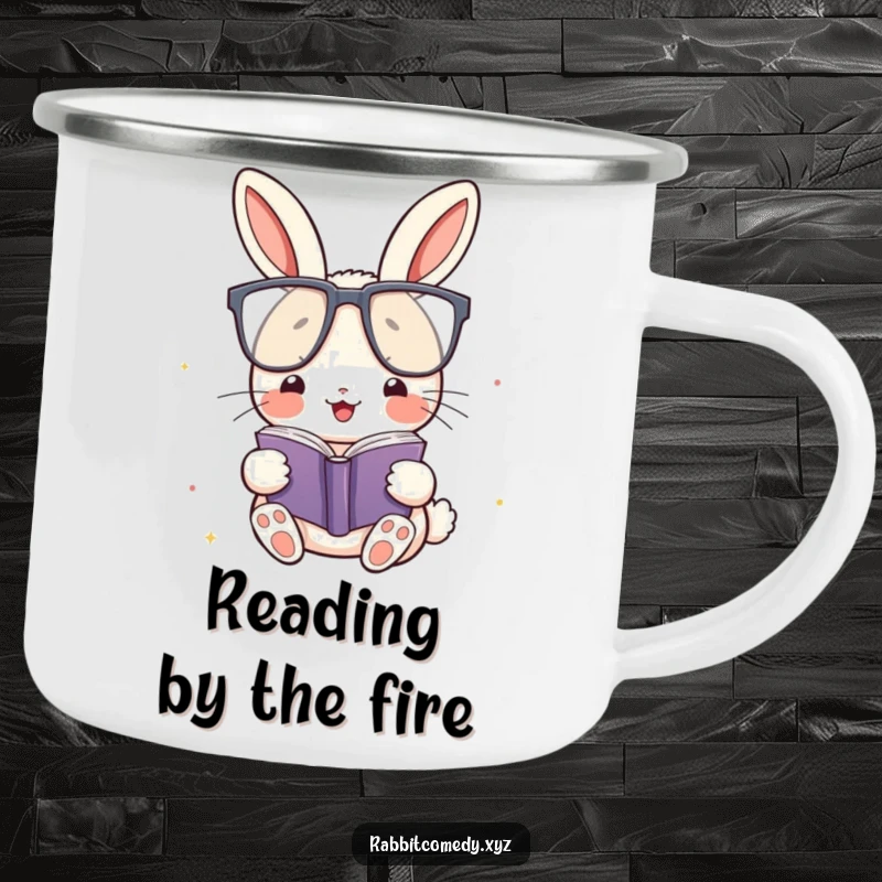 Funny Camping Mug: A kawaii rabbit with oversized glasses reads, ideal for humorous outdoor reading sessions.