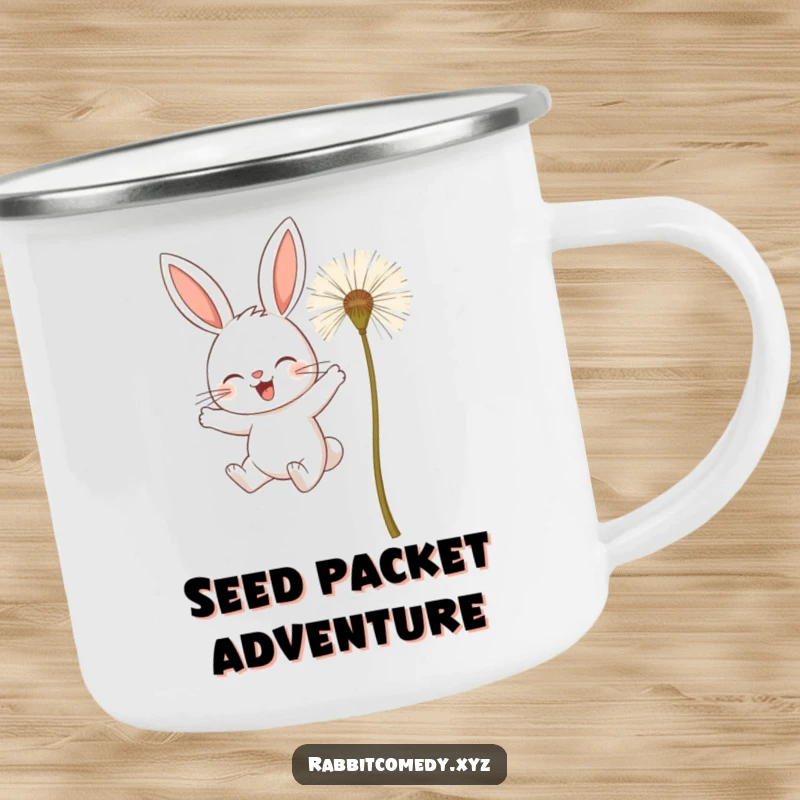 Funny camping mug depicting a determined rabbit character attempting to fly using giant dandelion seeds, ready for adventure.