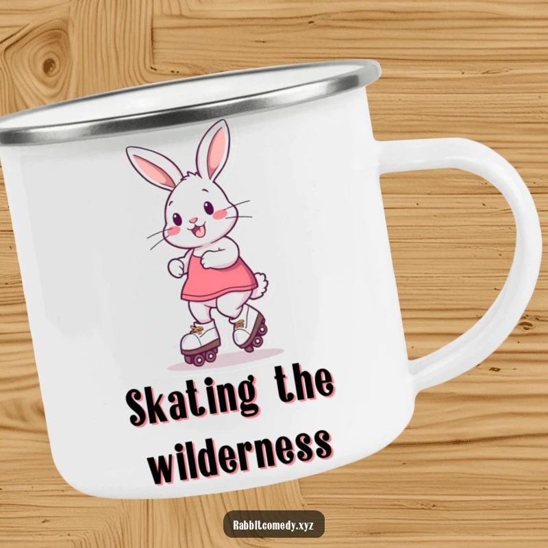 Funny Camping Mug featuring a playful rabbit on roller skates, spinning around, perfect for enjoying drinks during outdoor fun.