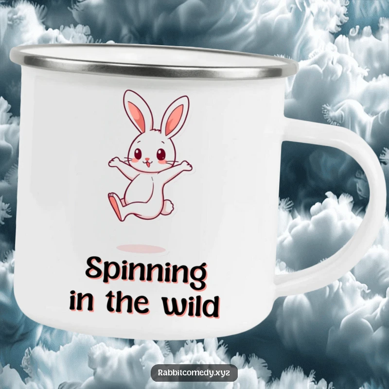 Funny cartoon rabbit character balancing on one leg, spinning quickly on a humorous camping mug, great for outdoors.