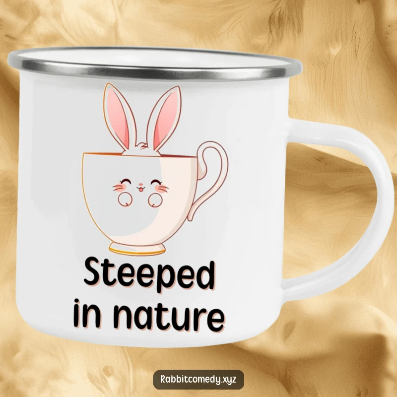 Funny camping mug depicting a shy rabbit character peeking bashfully from behind a giant teacup, ready for a cozy adventure.