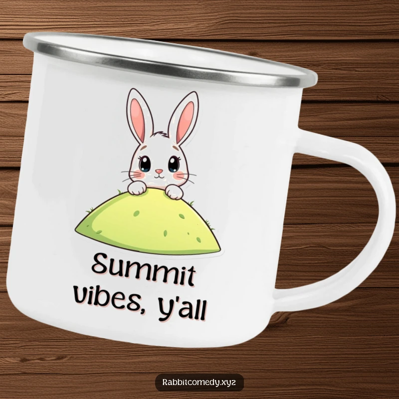 Funny camping mug with a stylized rabbit peeking over a hill, eyes wide with anticipation, ideal for outdoor enthusiasts and humor lovers.