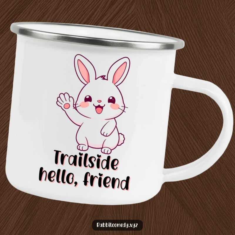 Funny Kawaii rabbit happily waving its paw, perfect for this outdoor camping mug with a friendly touch.