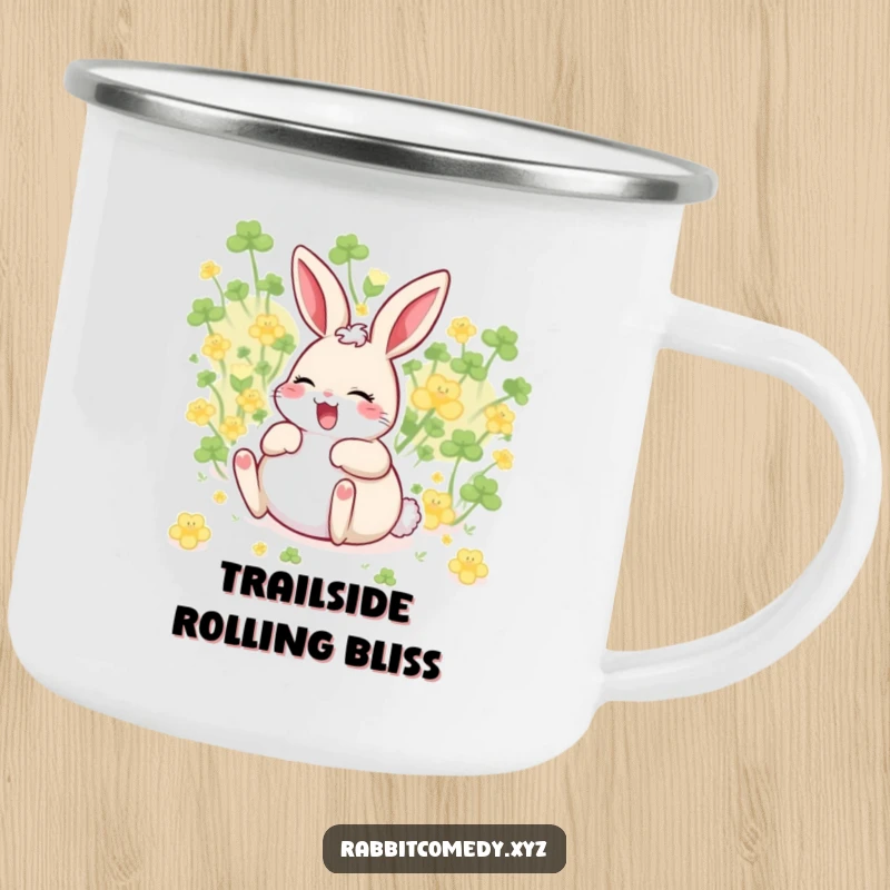 Funny giggling rabbit with belly up, rolling in clover, humorous camping mug for joyful adventurers.
