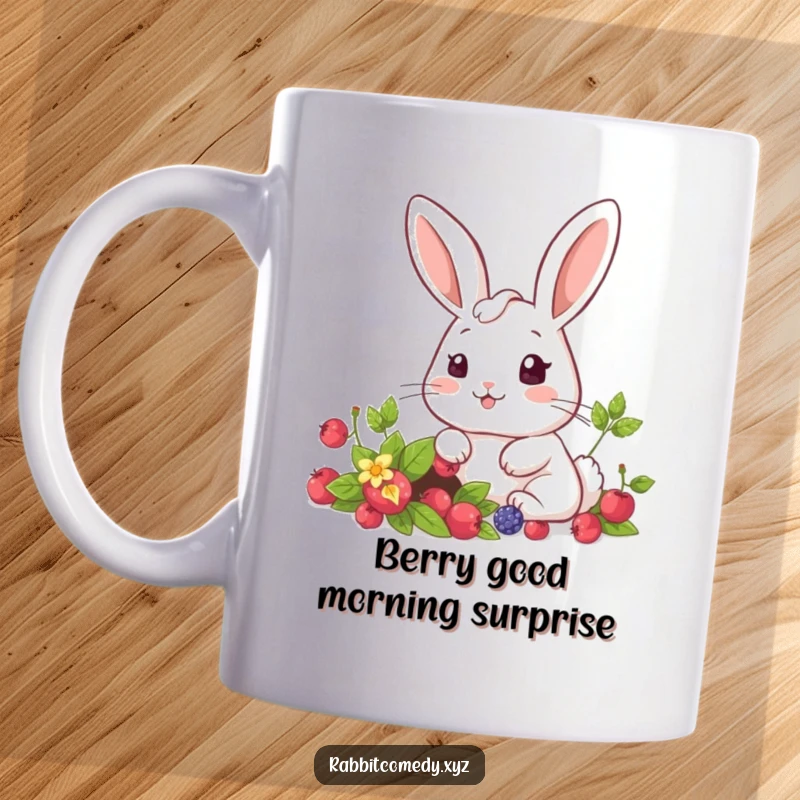 Funny kawaii rabbit with wide, surprised eyes peeking at a secret patch full of delicious berries, a delightful mug design.