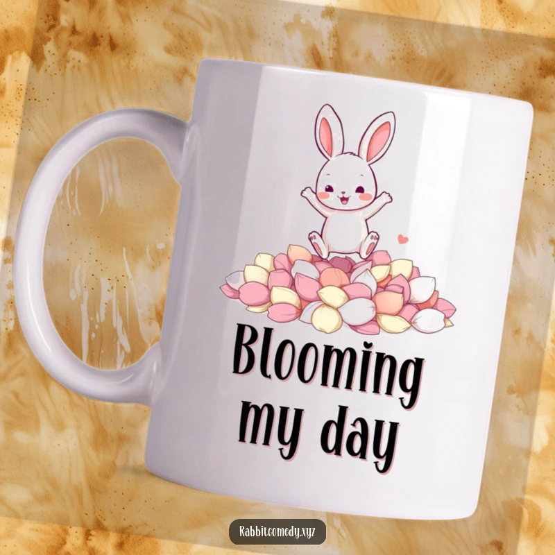Funny mug with a jumping rabbit character joyfully landing in a soft pile of colorful flower petals.