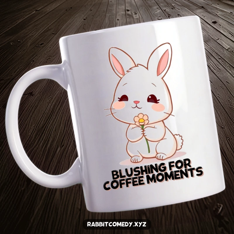 Funny shy rabbit blushing, offering a single delicate flower with a gentle smile, a sweet funny gift.
