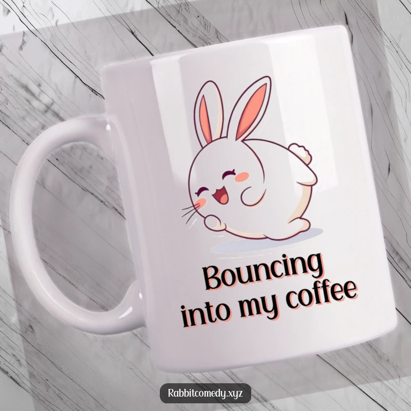 Funny round rabbit character joyfully tumbling end over end on a humorous mug, perfect for gifting.