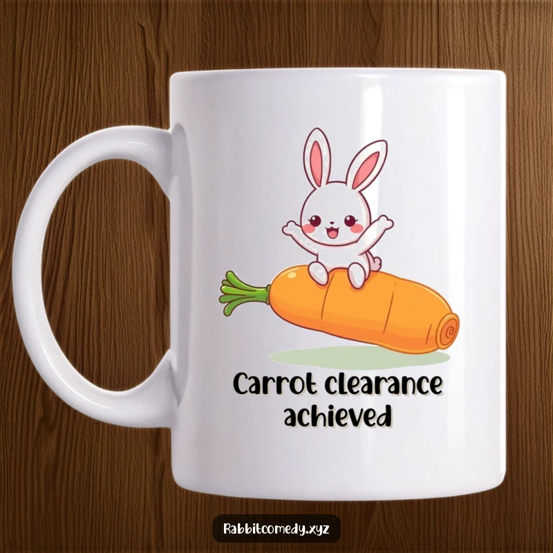 Funny Kawaii Rabbit Mug: Cute character joyfully leaping high over an oversized carrot, spreading happiness and humor.