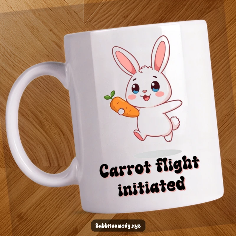 Funny surprised rabbit mug in mid-air, eyes wide, a carrot just out of reach, capturing a moment of pure, comical panic.
