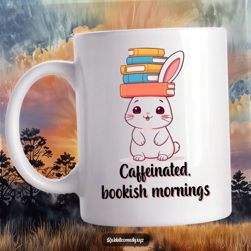 Funny cheerful rabbit balancing a tall stack of books on its head, a bookworm's delight, a great funny gift.