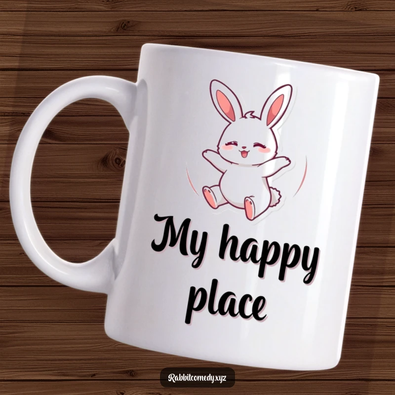 Funny Mug featuring a joyful rabbit spinning with eyes closed, radiating pure happiness and fun motion.