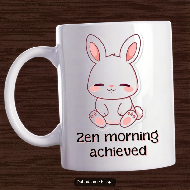 Funny rabbit mug, a content character sitting peacefully, eyes closed with a gentle smile, radiating serenity and calm.
