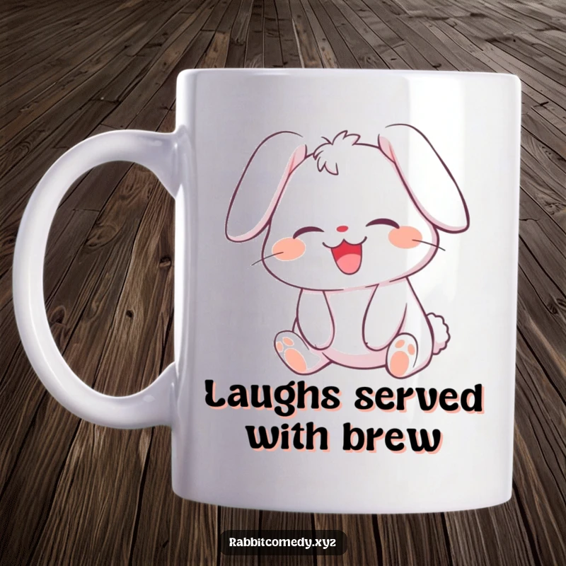 Funny mug featuring a giggling rabbit character with its ears flopped over, rolling with laughter, radiating pure joy and happiness.