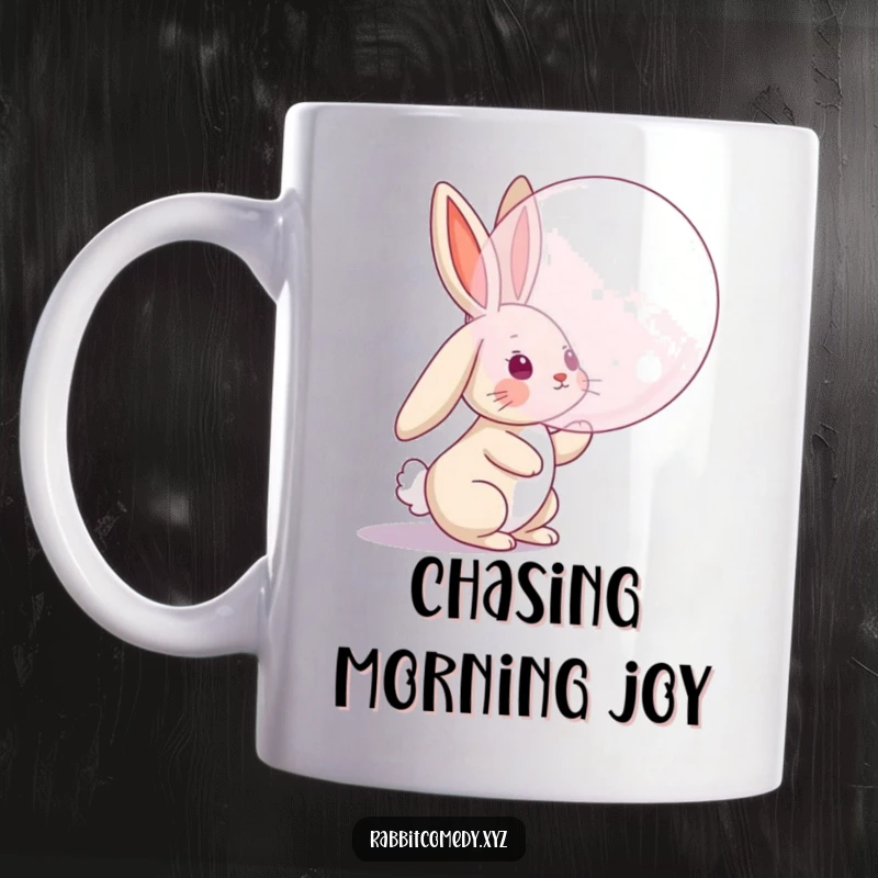Funny mug featuring a rabbit character with floppy ears joyfully leaping to catch a large, floating bubble, a scene of playful pursuit.
