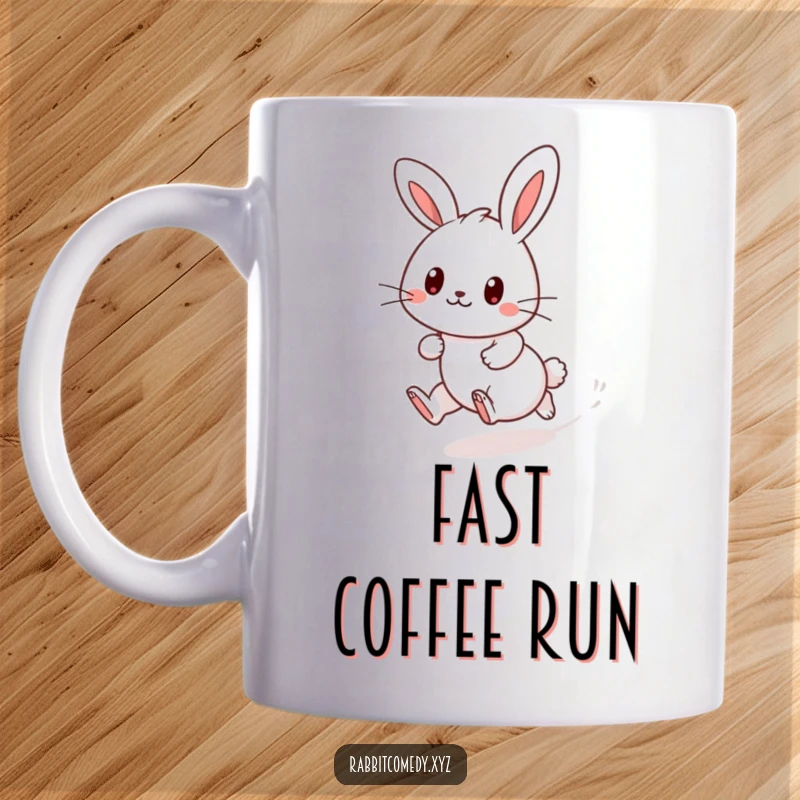 Funny Kawaii rabbit mug in a playful dash, leaving a dust trail, exuding cuteness and energetic fun for a cheerful start.