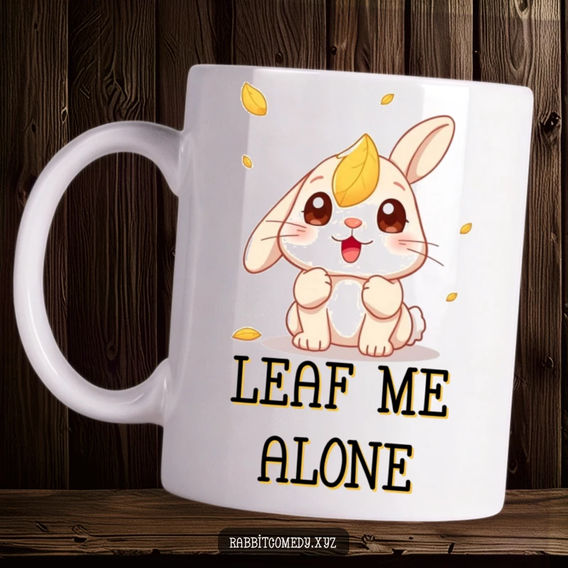 Funny Kawaii Rabbit Mug: Cute rabbit with wide, surprised eyes looking up at a single falling autumn leaf.