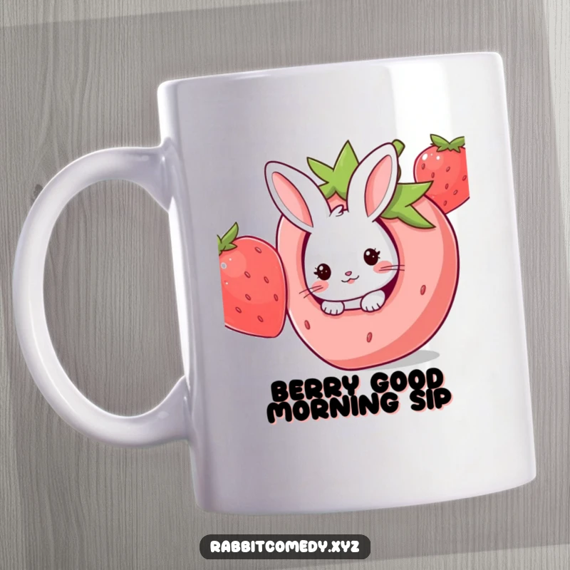 Funny Kawaii rabbit peeking curiously out from a hole in a giant, juicy strawberry, offering a sweet surprise.