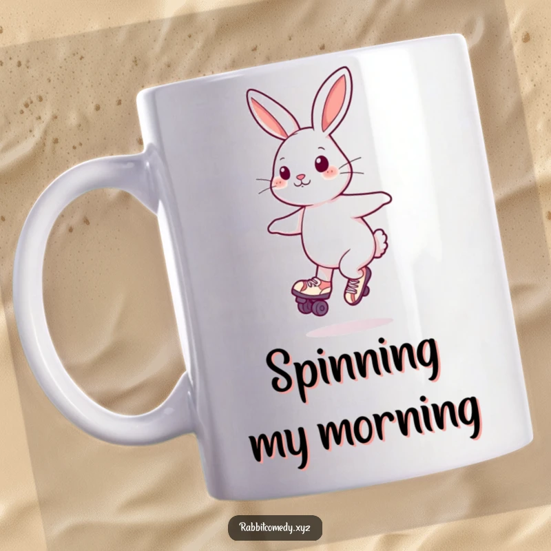 Funny Mug: A playful rabbit wearing roller skates is captured mid-spin, radiating pure joy and energy.