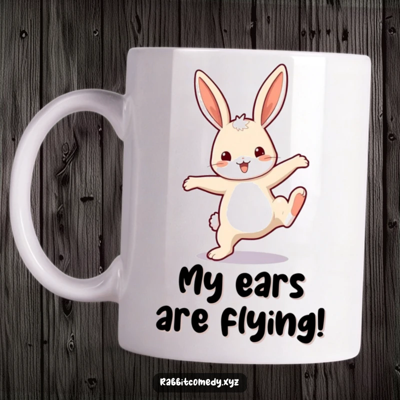 Funny Mug: A joyful rabbit with comically oversized ears performs an energetic cartwheel with pure happiness.
