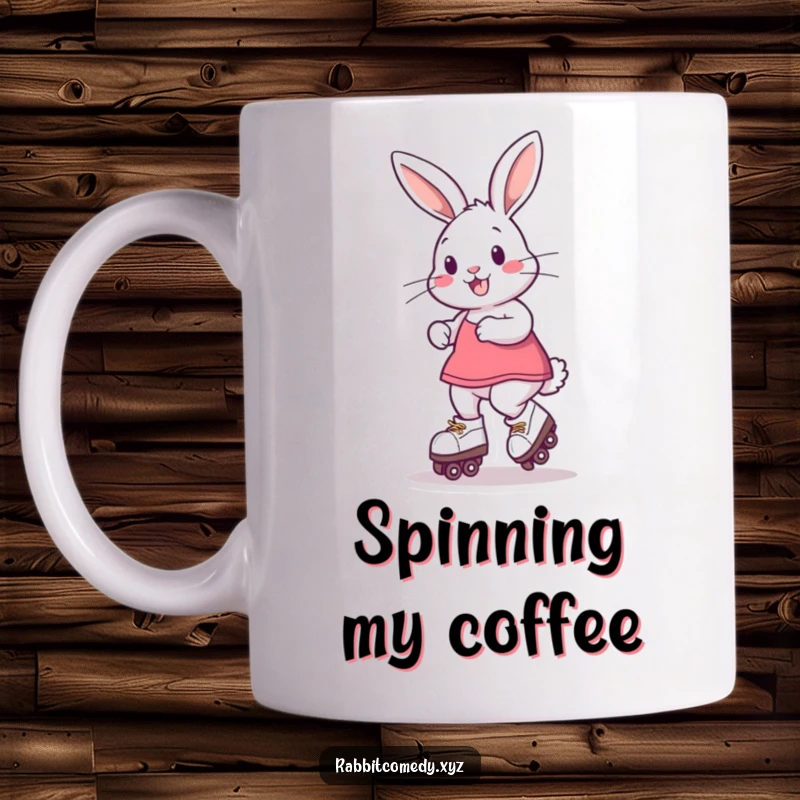 Funny Mug depicting a playful rabbit on roller skates, spinning joyfully with a mischievous grin, perfect for coffee lovers.