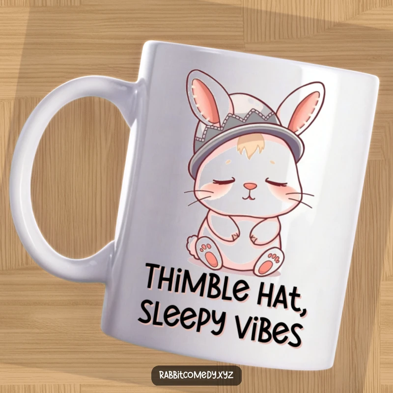 Funny mug featuring a sleepy rabbit comically wearing a thimble as a hat, embodying adorable exhaustion.