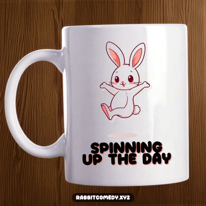 Funny cartoon rabbit character balancing on one leg, spinning quickly on a humorous mug, perfect gift.