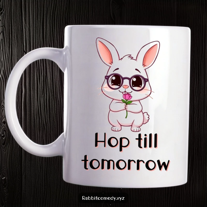 Funny mug featuring a tipsy, wobbling rabbit character adorably holding a single tiny flower, conveying a lighthearted, charmingly inebriated mood.