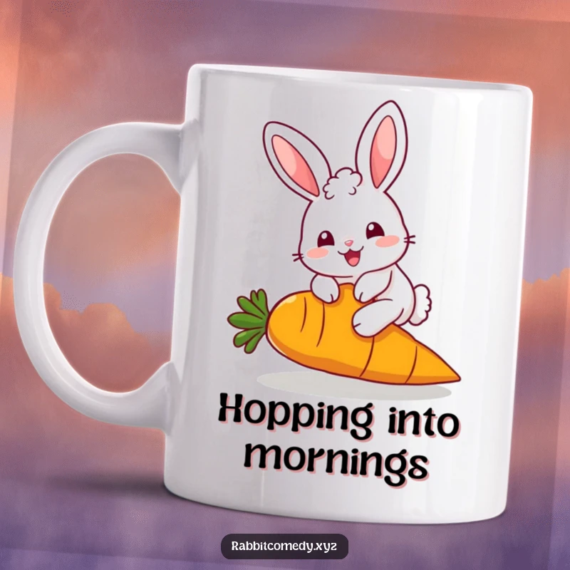 Funny Mug: A fluffy, kawaii rabbit character joyfully hops over a giant carrot, embodying cuteness and humor, perfect for a funny gift.