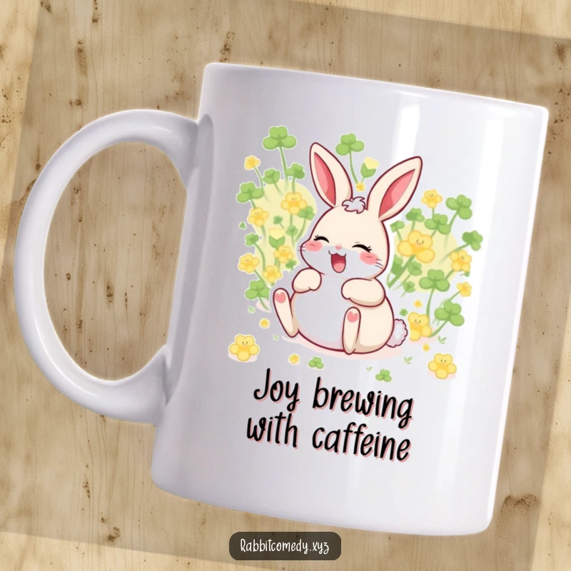 Funny giggling rabbit belly-up, rolling happily in clover, capturing pure joy and humor.