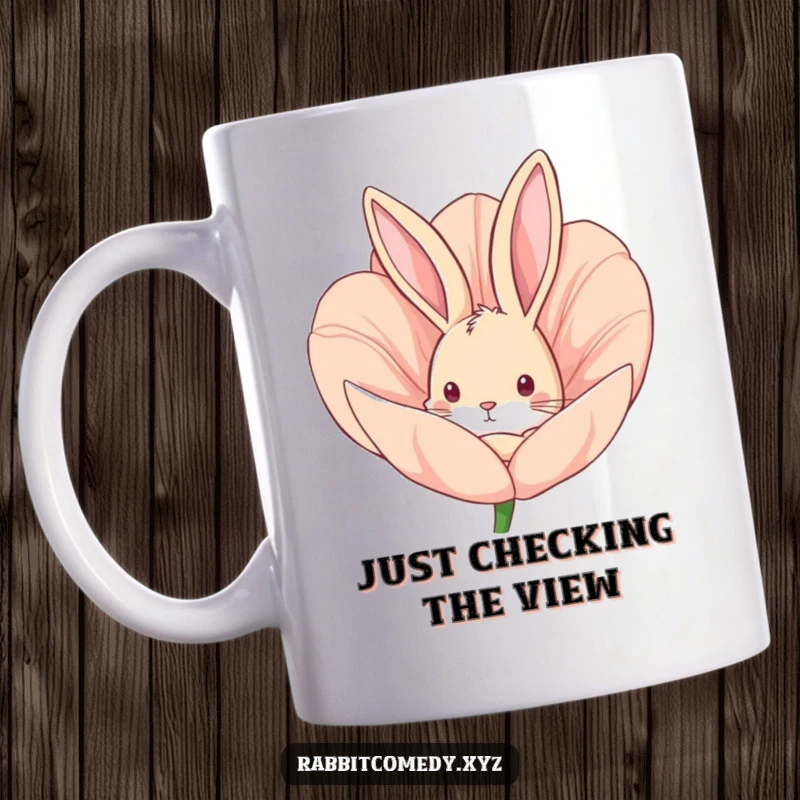 Funny mug showcasing a curious rabbit peeking from a large flower bud, exuding playful wonder and a love for nature.