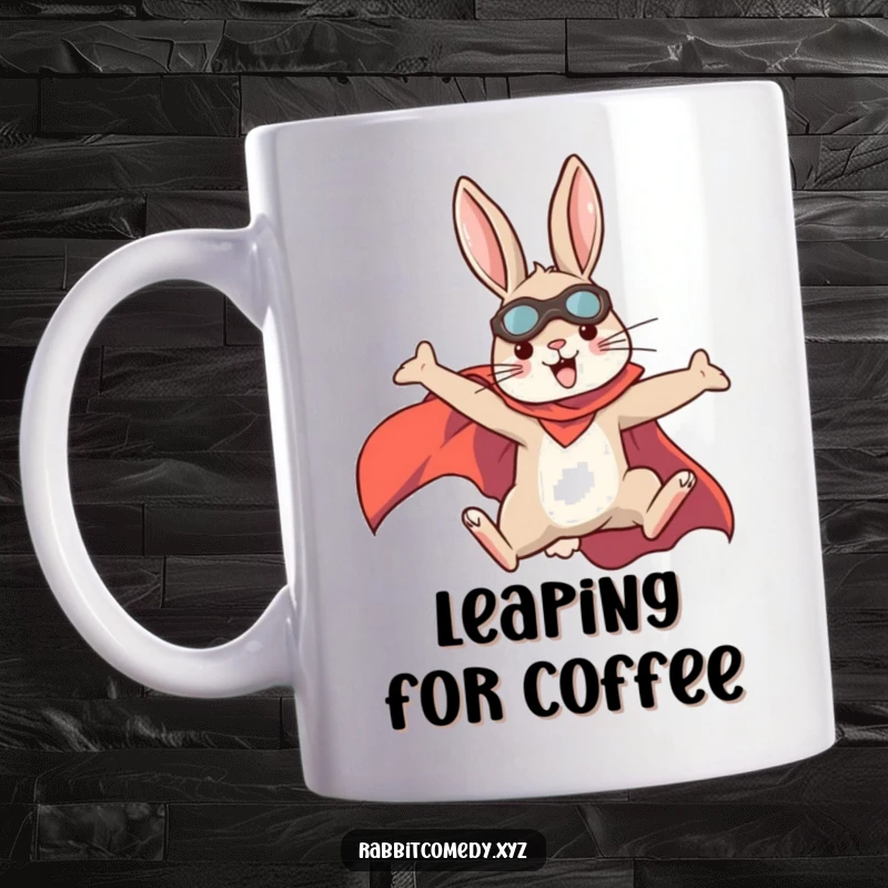 Funny determined rabbit wearing a superhero cape, leaping high in the air with mighty power, a brave funny gift.