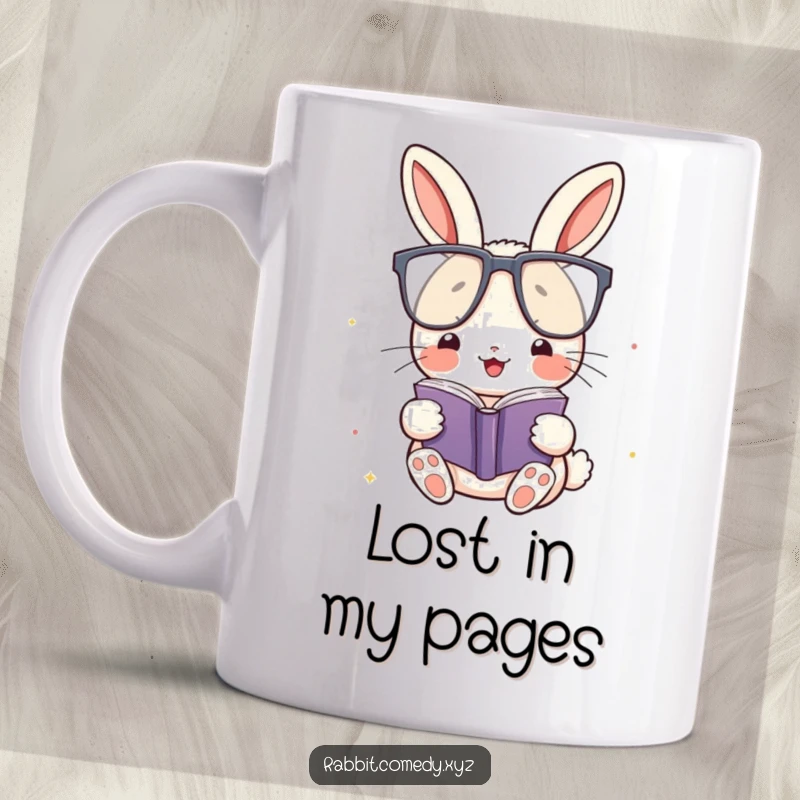 Funny Mug: A happy kawaii rabbit with oversized glasses reads a tiny book, exuding intelligence and charm, a perfect funny gift.