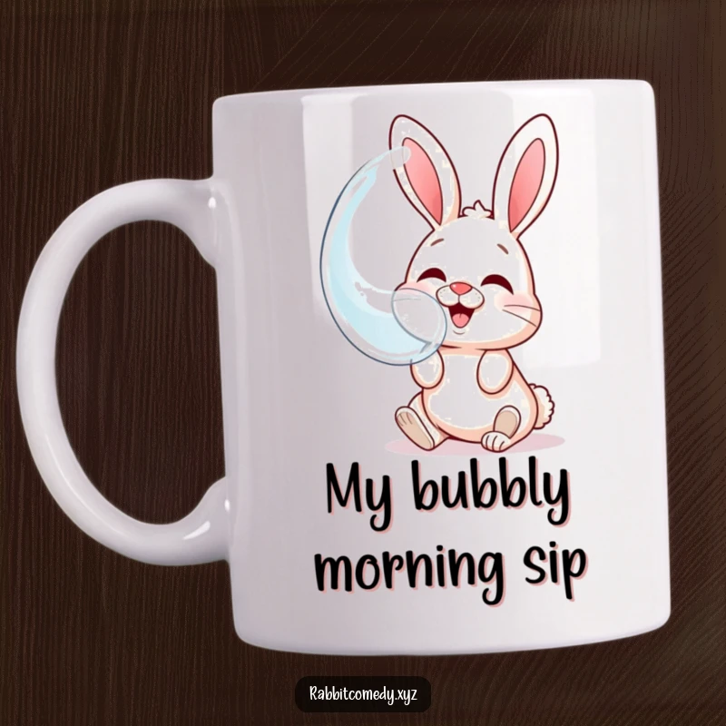 Funny mug featuring a giggling rabbit character joyfully blowing a giant bubble that reflects its own happy face.
