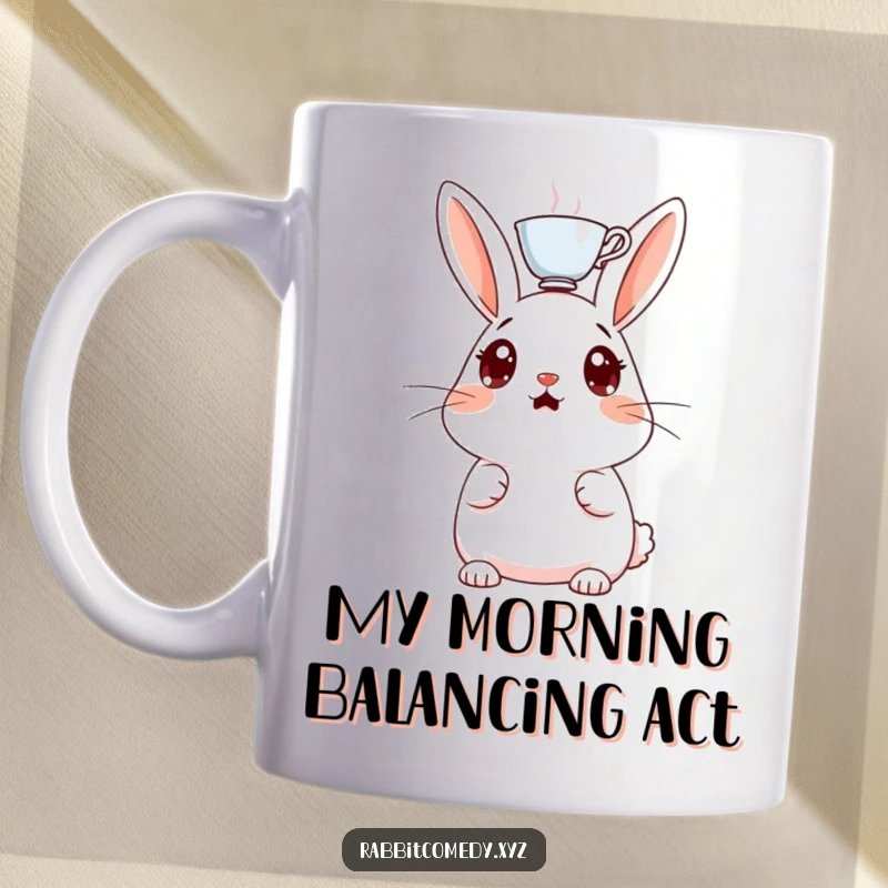 Funny rabbit mug with wide eyes, a tiny teacup perfectly balanced on its head, showcasing a hilarious and surprising moment.