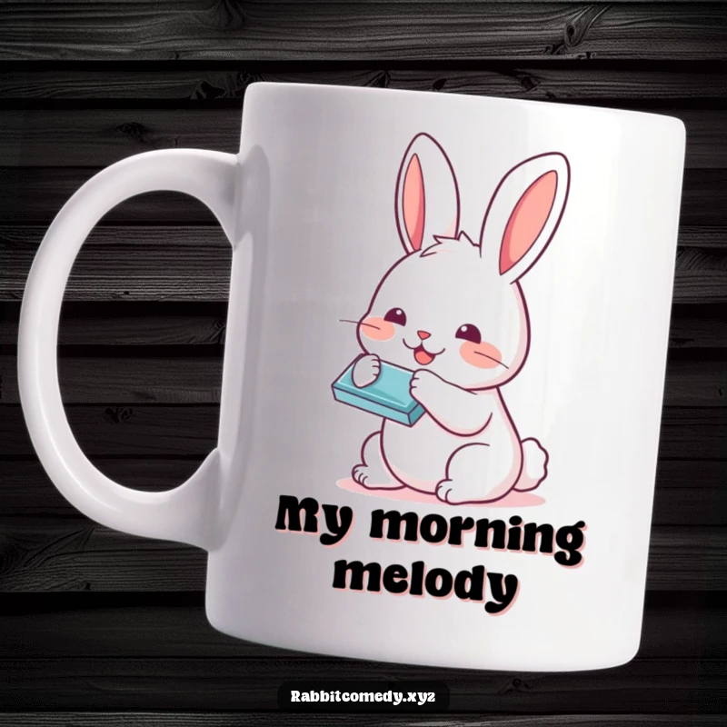 Funny Kawaii rabbit playing a tiny harmonica with a big smile, depicted on a ceramic mug for a cheerful morning.