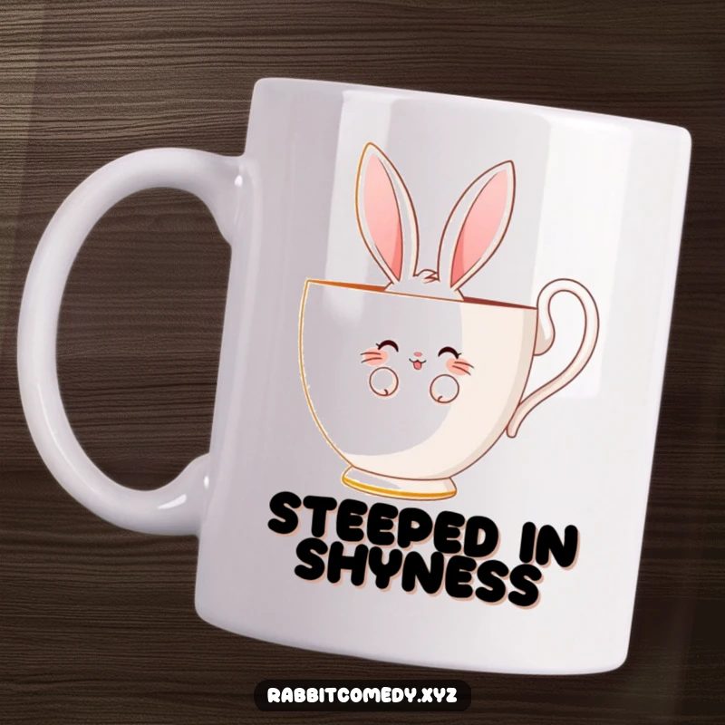 Funny mug with a shy rabbit character peeking from behind a giant teacup, offering a sweet, bashful smile.