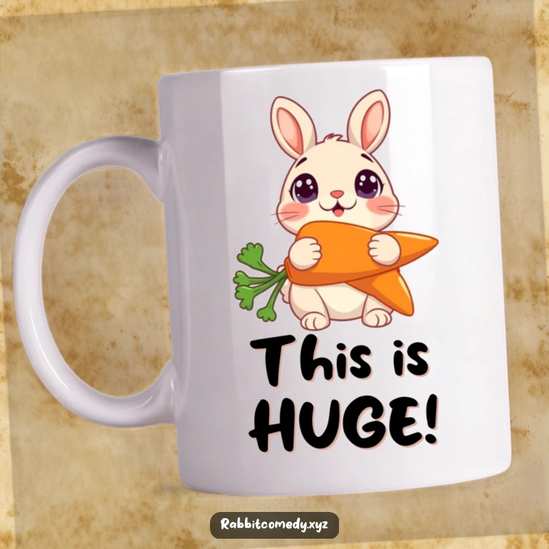 Funny Mug: A rabbit with comically wide eyes stares in shock, holding an enormous carrot, a humorous sight.
