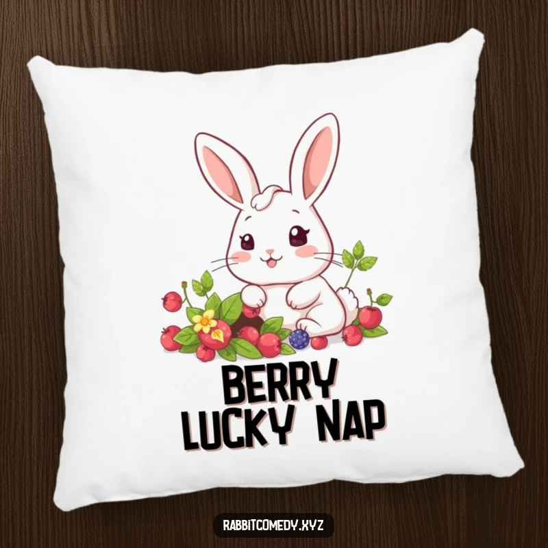 Funny kawaii rabbit with a surprised expression finding a hidden berry patch, a soft and cuddly pillow.