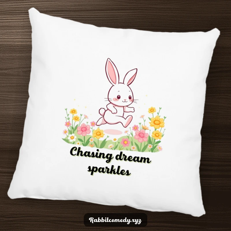 Funny decorative pillow, an energetic rabbit character dashing through flowers, leaving a trail of sparkles, a soft and vibrant accent.
