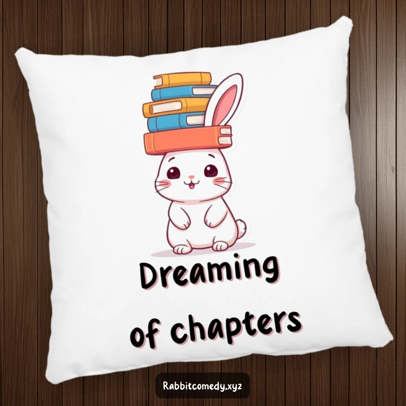 Funny rabbit pillow, books stacked on its head, offering comfort and a hint of intellect, a cozy funny gift.