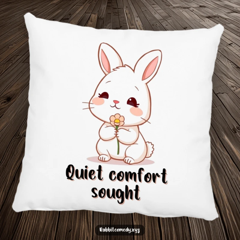 Funny shy rabbit pillow, blushing and offering a flower, offering comfort and tenderness, a cozy funny gift.