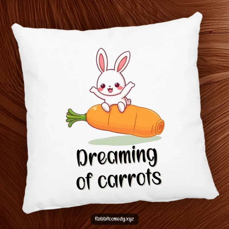 Funny Kawaii Rabbit Pillow: Plush cushion featuring a cute rabbit joyfully leaping over a massive carrot, soft and amusing.