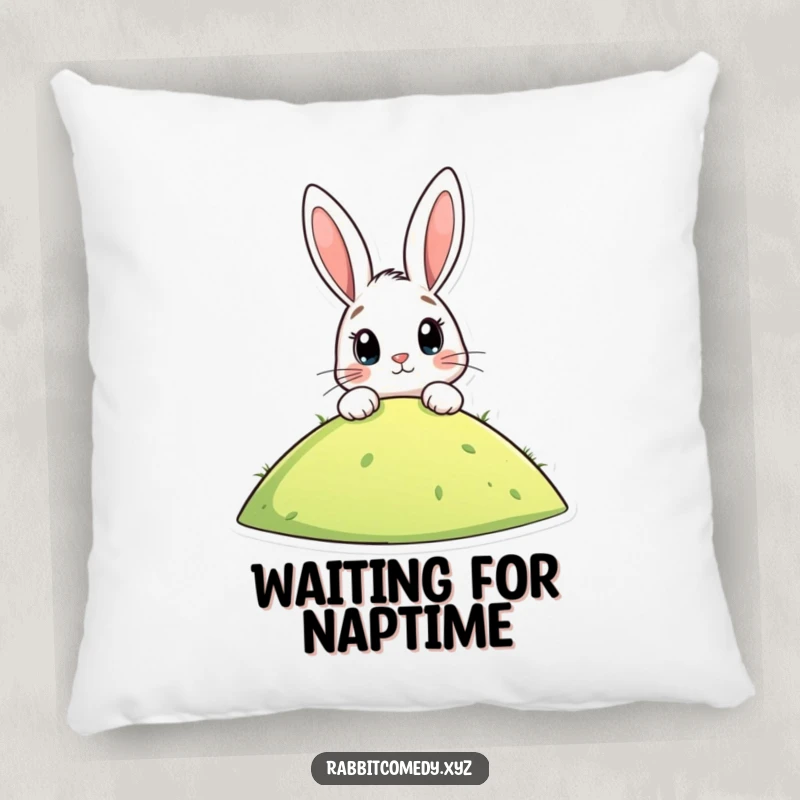Funny pillow featuring a stylized rabbit peeking over a hill, eyes wide with anticipation, offering comfort and humorous charm for any room.