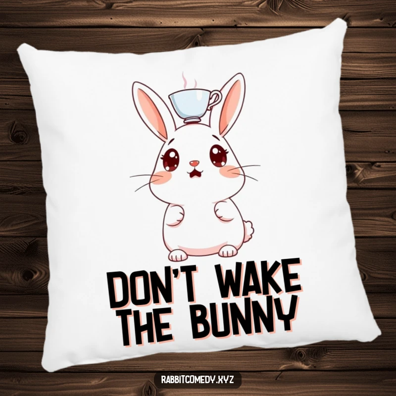 Funny decorative pillow, a surprised rabbit with wide eyes, a tiny teacup balanced on its head, a soft and amusing home accent.