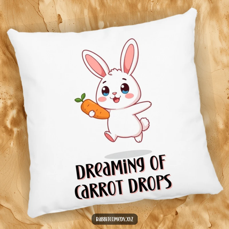 Funny surprised rabbit pillow, mid-air, eyes wide, a carrot just out of reach, offering comfort and comical charm for your home.