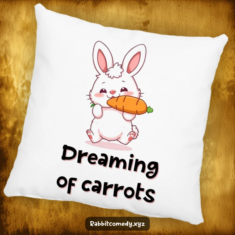 Funny pillow featuring a fluffy rabbit character bouncing a large carrot on its nose, offering comfort and a dose of hilarious, playful humor.