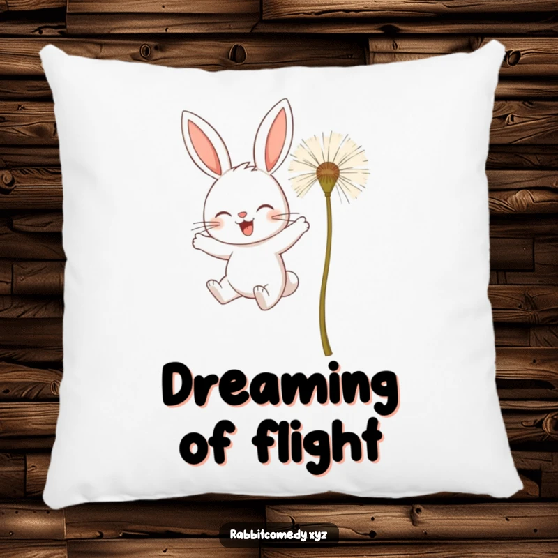 Funny pillow with a determined rabbit character attempting to fly using giant dandelion seeds, embodying hopeful ambition.