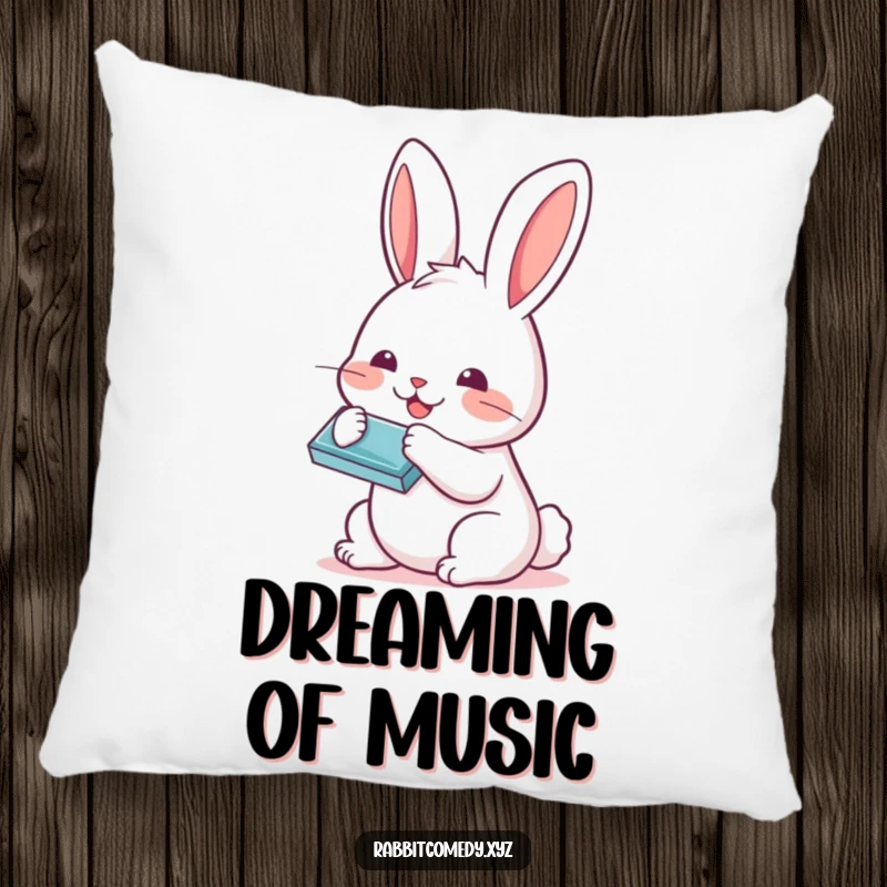 Funny Kawaii rabbit playing a tiny harmonica, depicted on a soft, decorative pillow for a cozy and musical atmosphere.