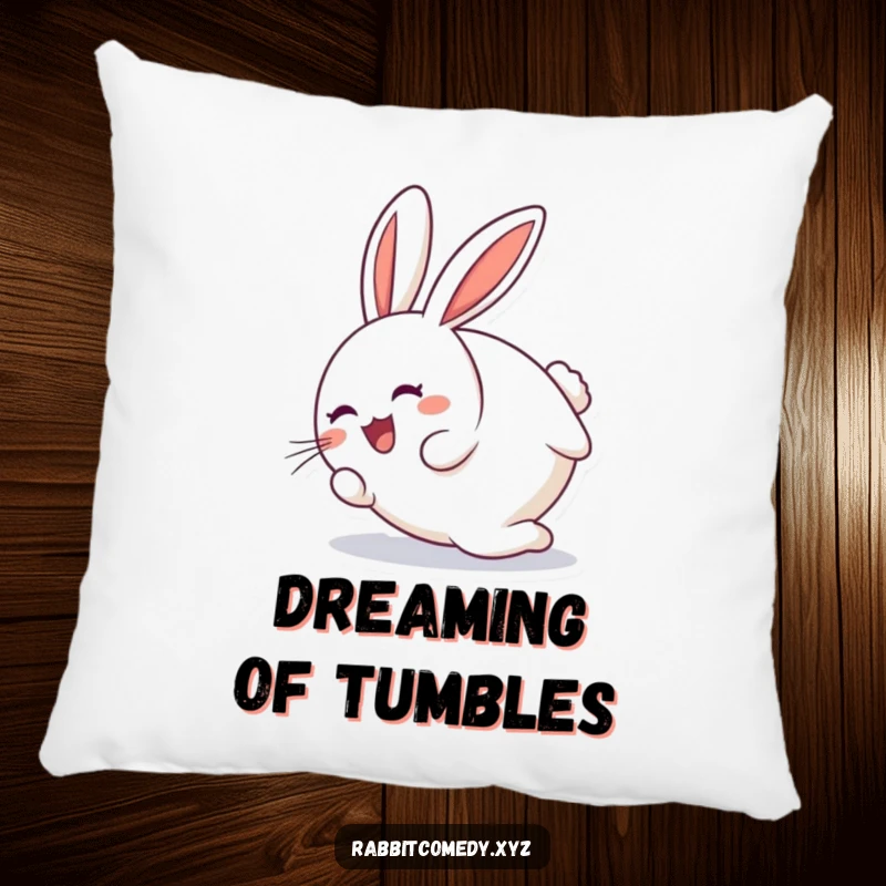 Funny round rabbit character joyfully tumbling end over end on a humorous pillow, great for comfort.
